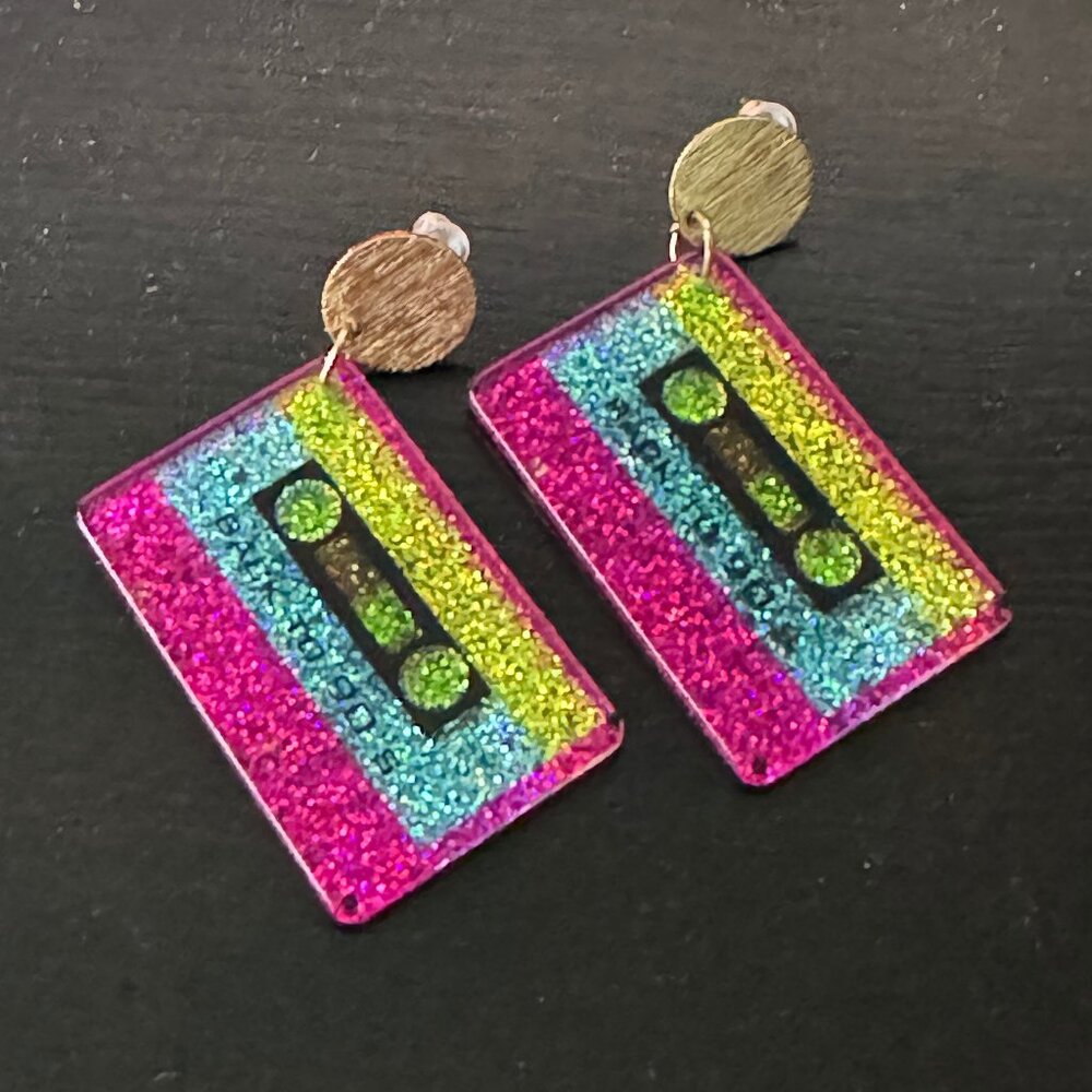 NEW Retro Glitter Cassette Tape Dangle Earrings